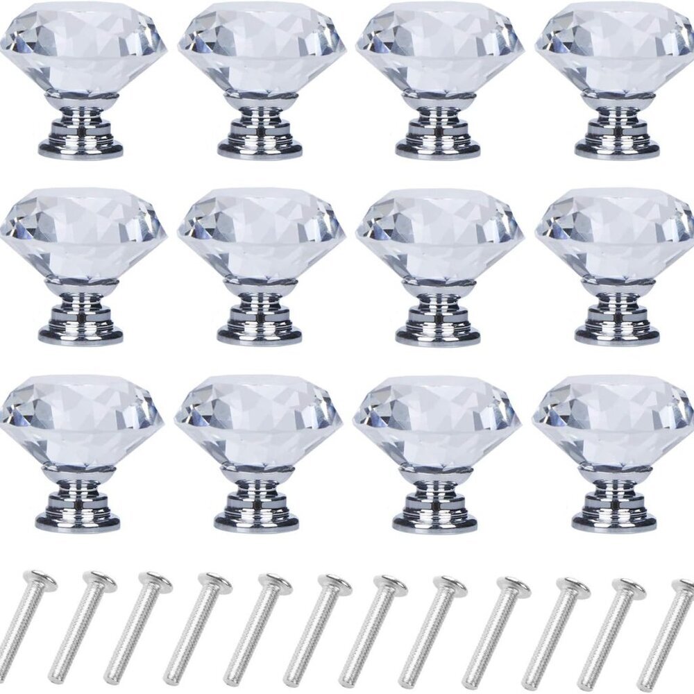 12 Pack Drawer Knobs Diamond Shaped Crystal Glass 30mm Cabinet Knobs Pull Handle